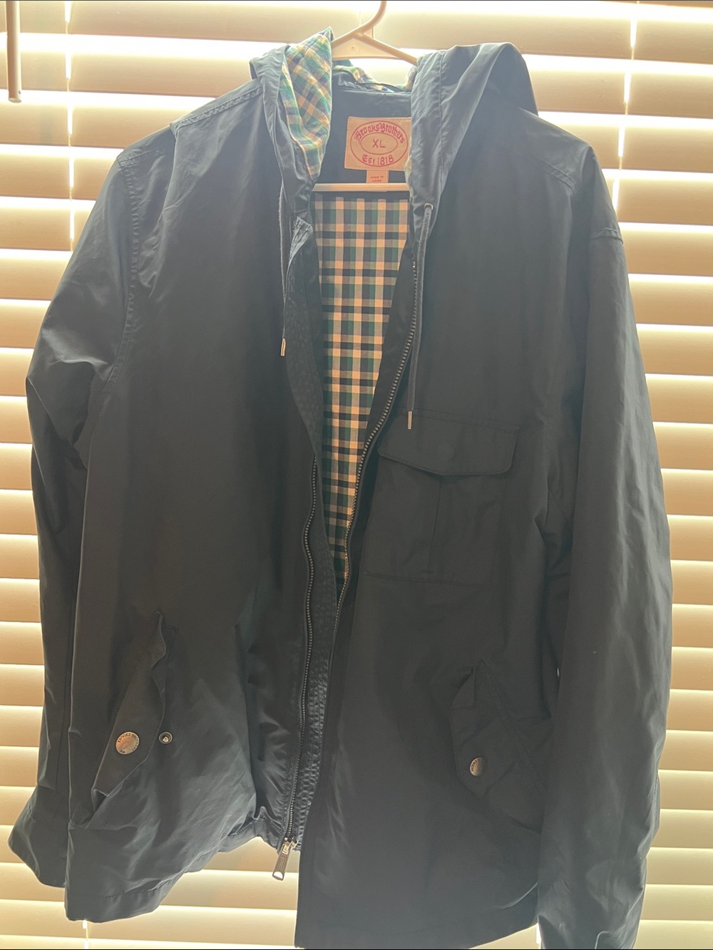 Brooks Brothers Navy Hooded Lightweight Jacket with Check Lining